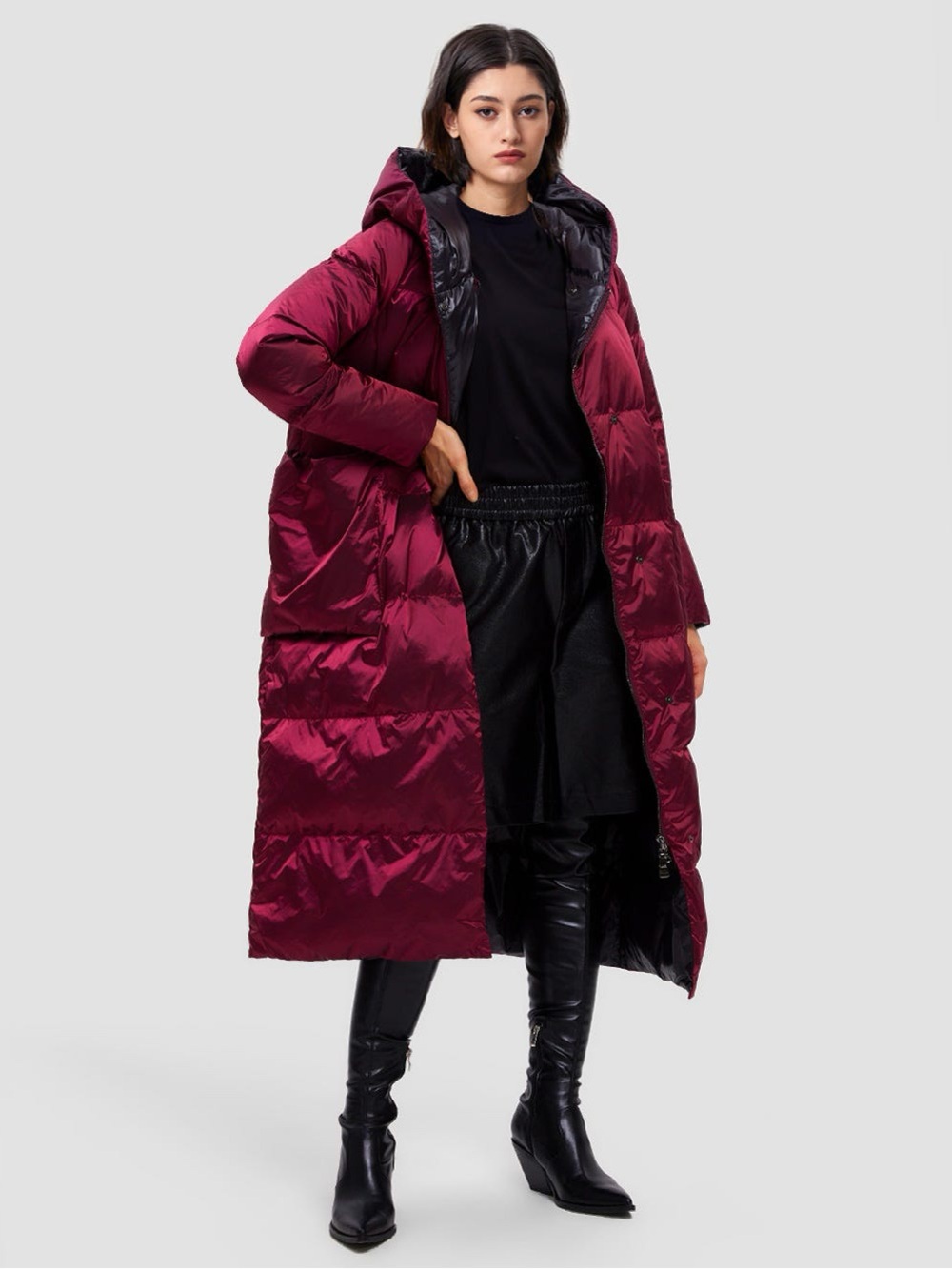 NAP Oversized Hooded Puffer Coat Lightweight Quilted Maxi Burgundy Red XS